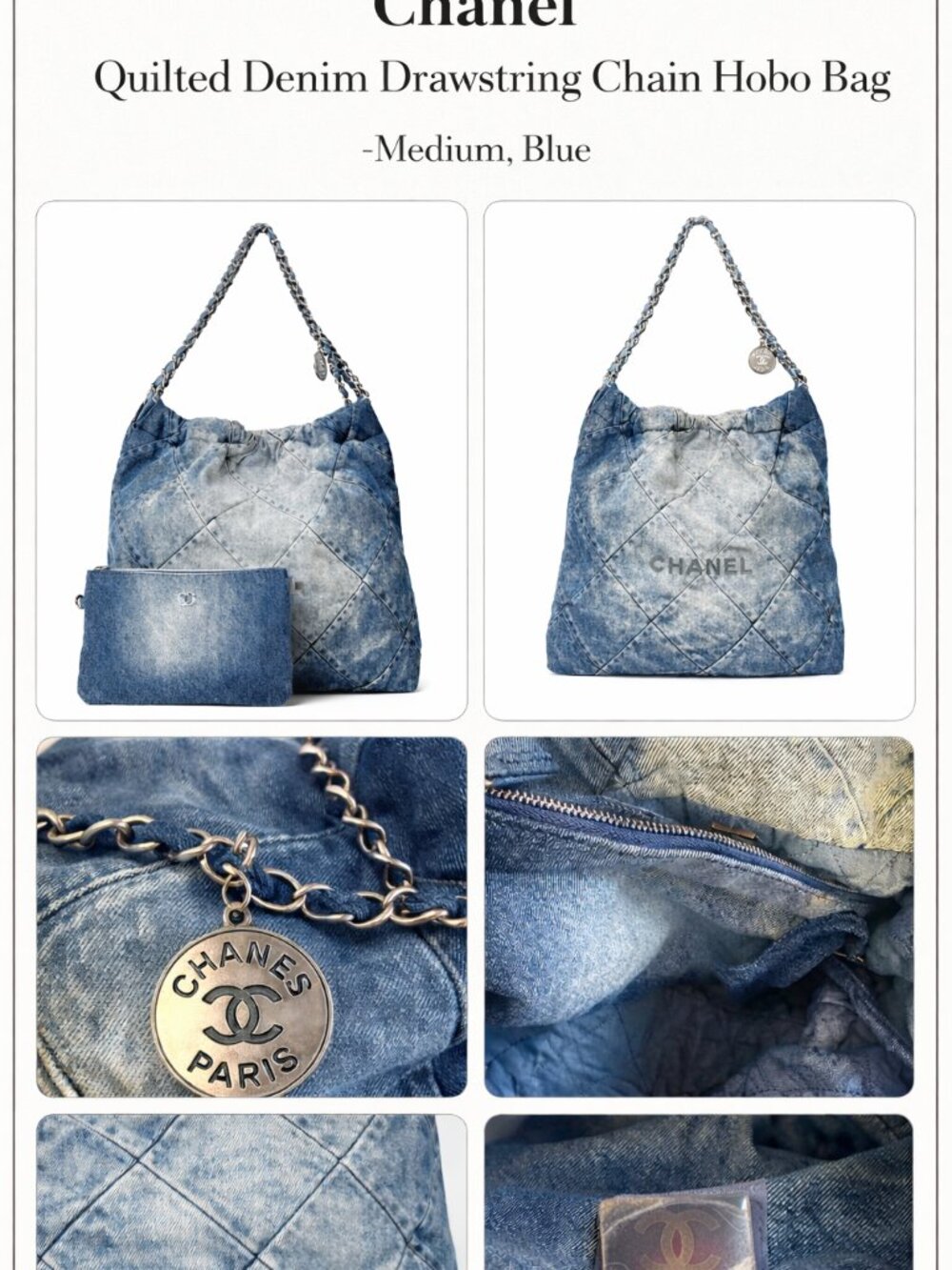 Chanel Quilted Denim Drawstring Chain Hobo Bag Medium Blue
